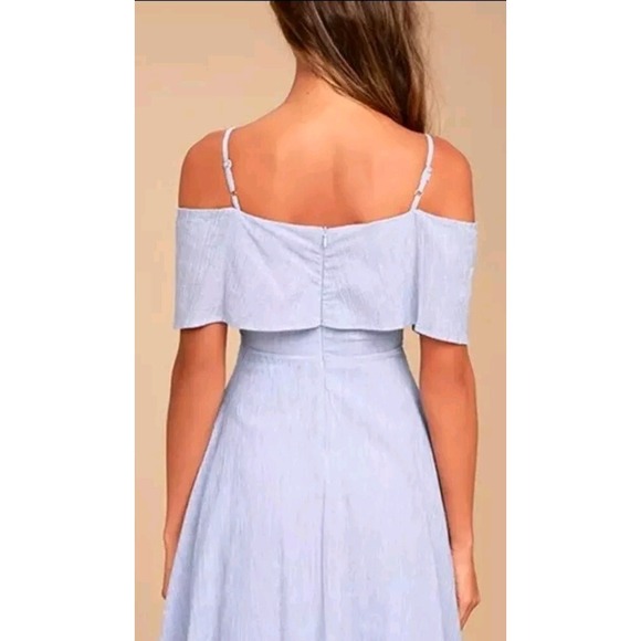 Lulus | Size L | Off the Shoulder Blue & White Striped Flowy Woven Dress Lined - Picture 3 of 15